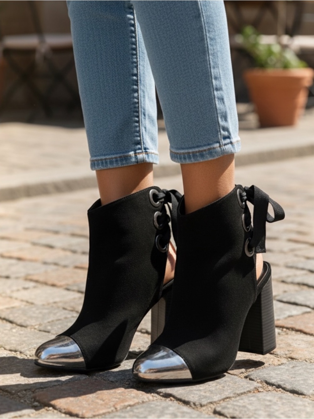 Olivia Miller Van Wyck Black Corseted Ribbon Back Silver Cap Toe Bootie Boots